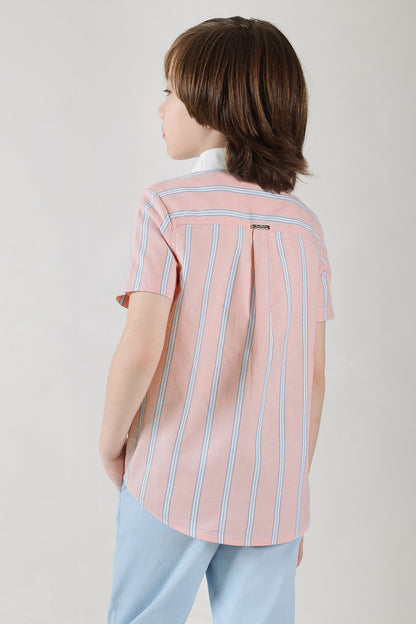 Boys Pink Regular Fit Short Sleeve Striped Shirt by One Friday