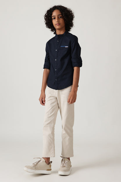 Boys Navy Blue Regular Fit Full Sleeve Solid Shirt by One Friday