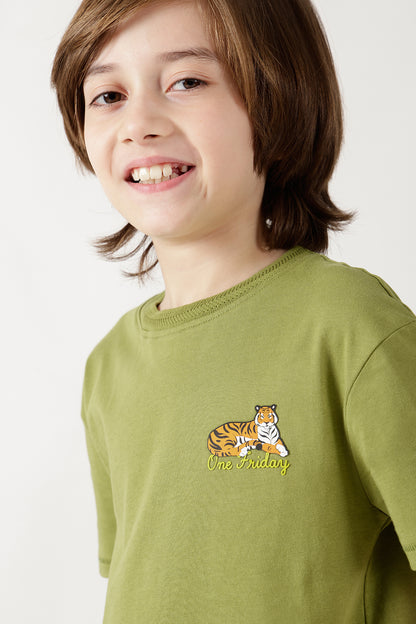 Boys Olive Regular Fitted Half Sleeve Solid T-Shirts