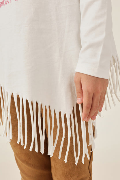 Girls Off White Solid Cotton Knit Half Sleeve Top