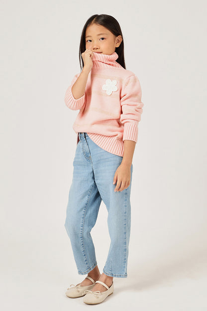 Girls Pink High Neck Knit Sweater