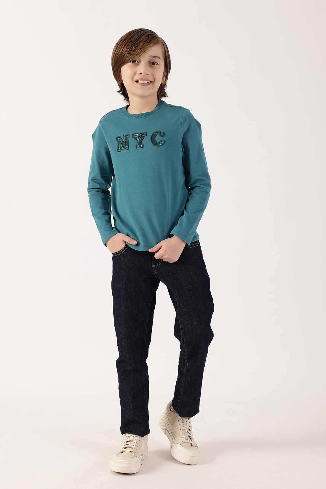 Boys Teal Round Neck Cotton T-Shirt