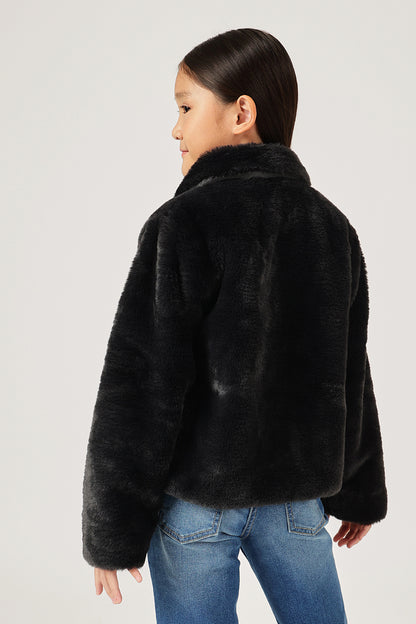 Girls Black Fur Buttoned Shirt Collar Overcoat | One Friday