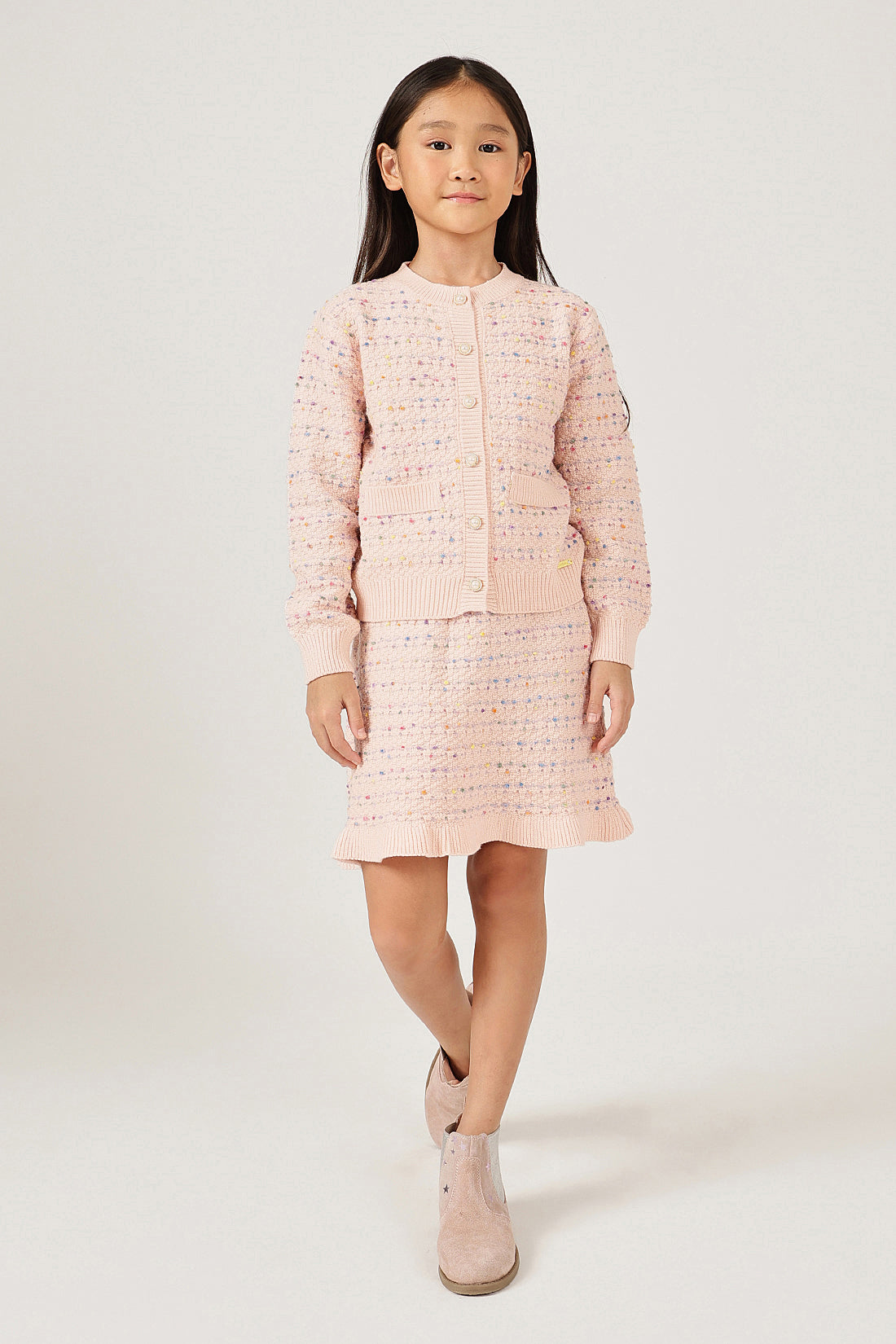 Girls Peach Round Neck Button Full Sleeve Cardigan