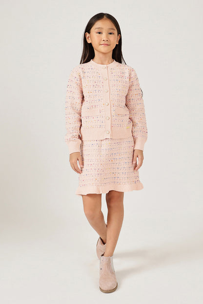 Girls Peach Round Neck Button Full Sleeve Cardigan