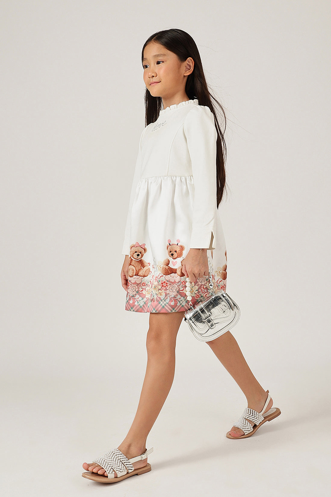 Girls Off White Teddy Round Neck Full Sleeve Dress | One Friday