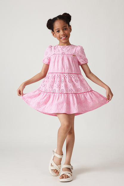 Girls Pink A-Line Short Sleeve Solid Dress By One Friday
