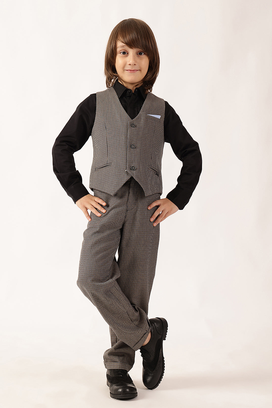 Boys Multi Checked Sleeveless V-Neck Waistcoat
