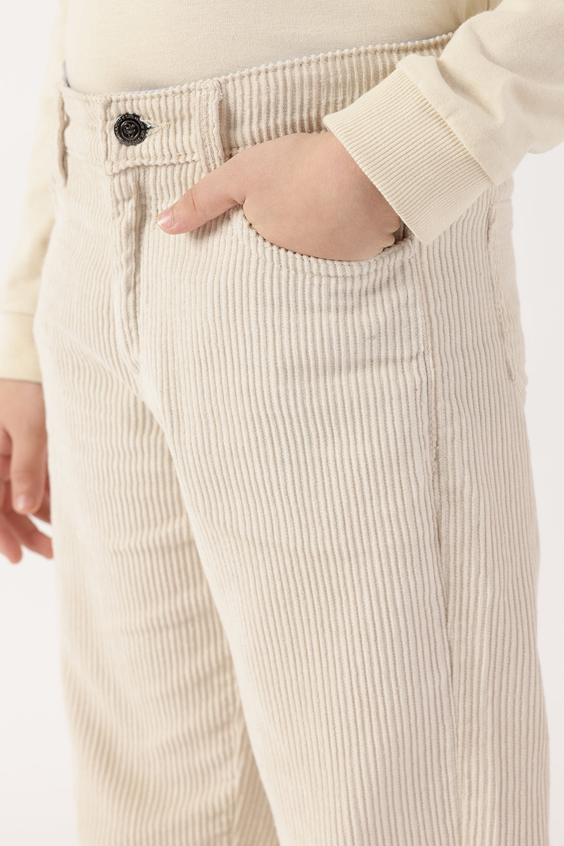 Boys Beige Solid Cotton Woven Trousers