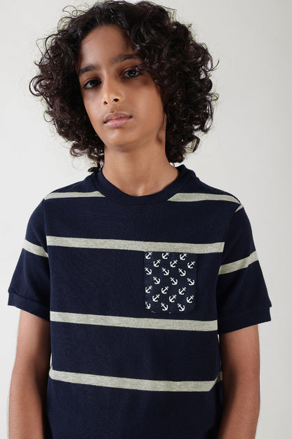 Boys Blue Regular Fit Short Sleeve Striped T-Shirts by One Friday