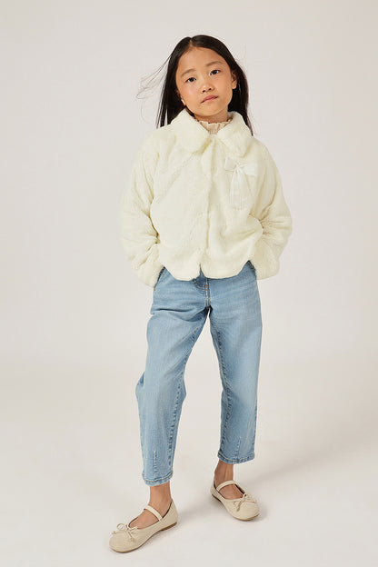 Girls Off White Fur Buttoned Shirt Collar Overcoat | One Friday