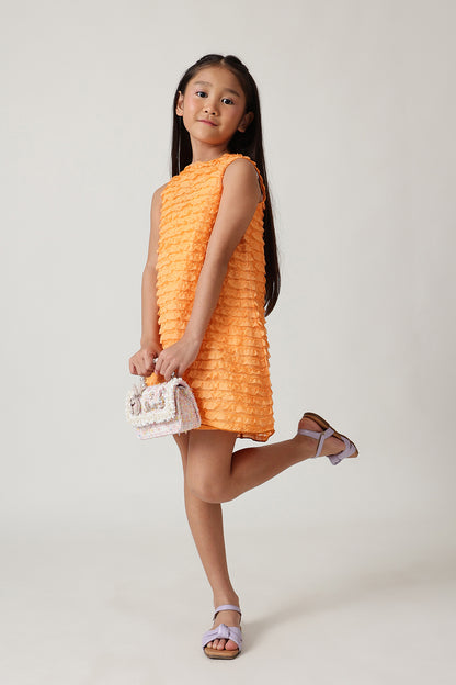 Girls Orange A-Line Sleeveless Solid Dress by One Friday