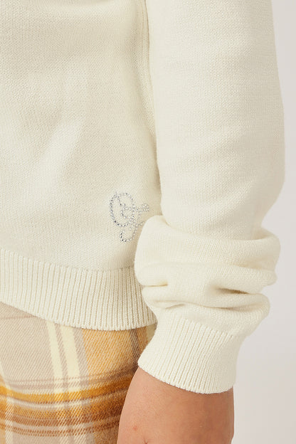 Girls Off White Round Neck Full Sleeve Cardigan