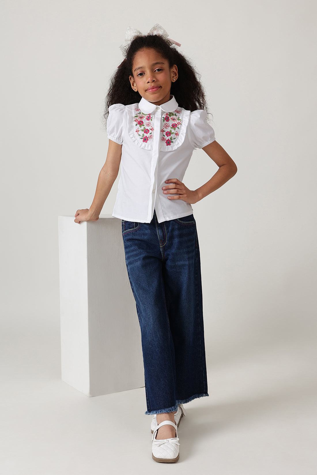 Girls White Regular Fit Half Sleeve Solid Top by One Friday