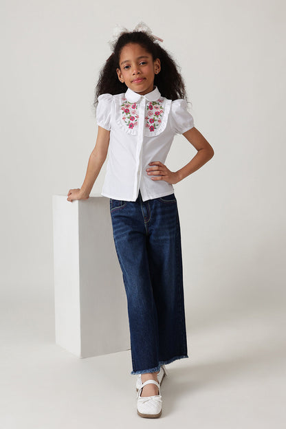 Girls White Regular Fit Half Sleeve Solid Top by One Friday