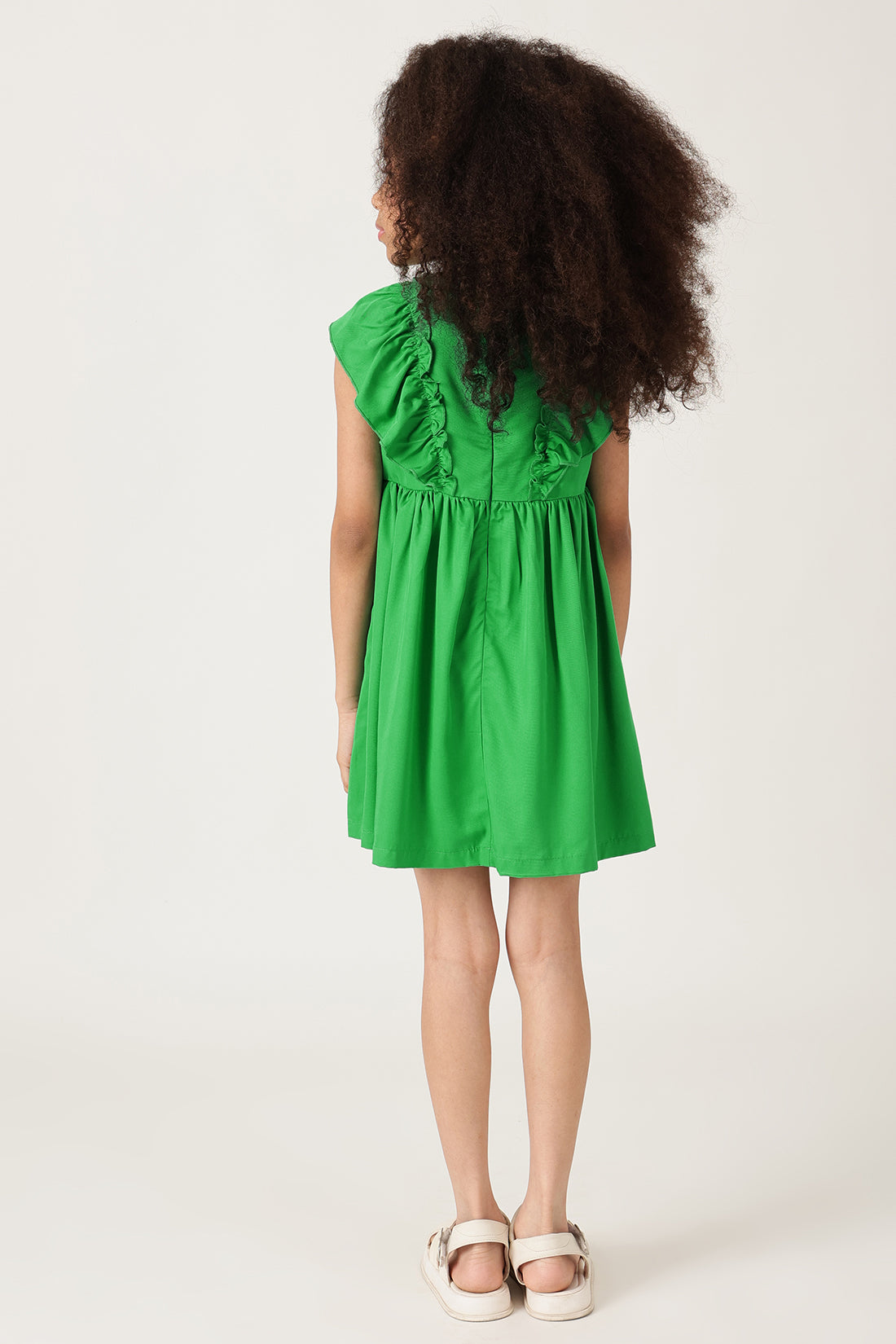 Girls Green Drop Waist Solid Dress with Frill Sleeves By One Friday