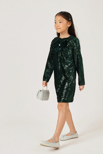 Girls Green Solid Full Sleeve Polyester Dress | One Friday
