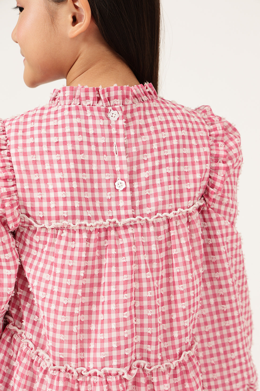 Girls Pink Printed Woven Dress Full Sleeves | One Friday