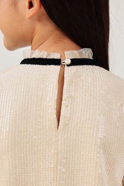 Girls Beige Sequin Full Sleeve Woven Dress | One Friday