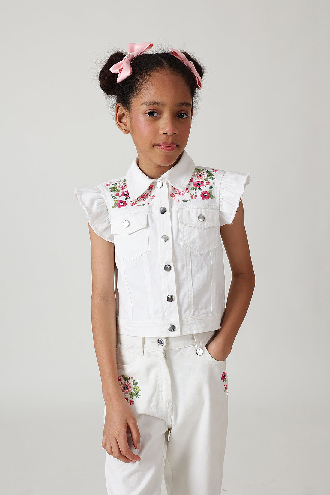 Girls White Regular Frill Sleeve Denim Jackets