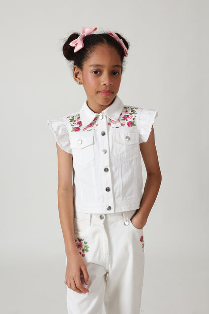 Girls White Regular Frill Sleeve Denim Jackets