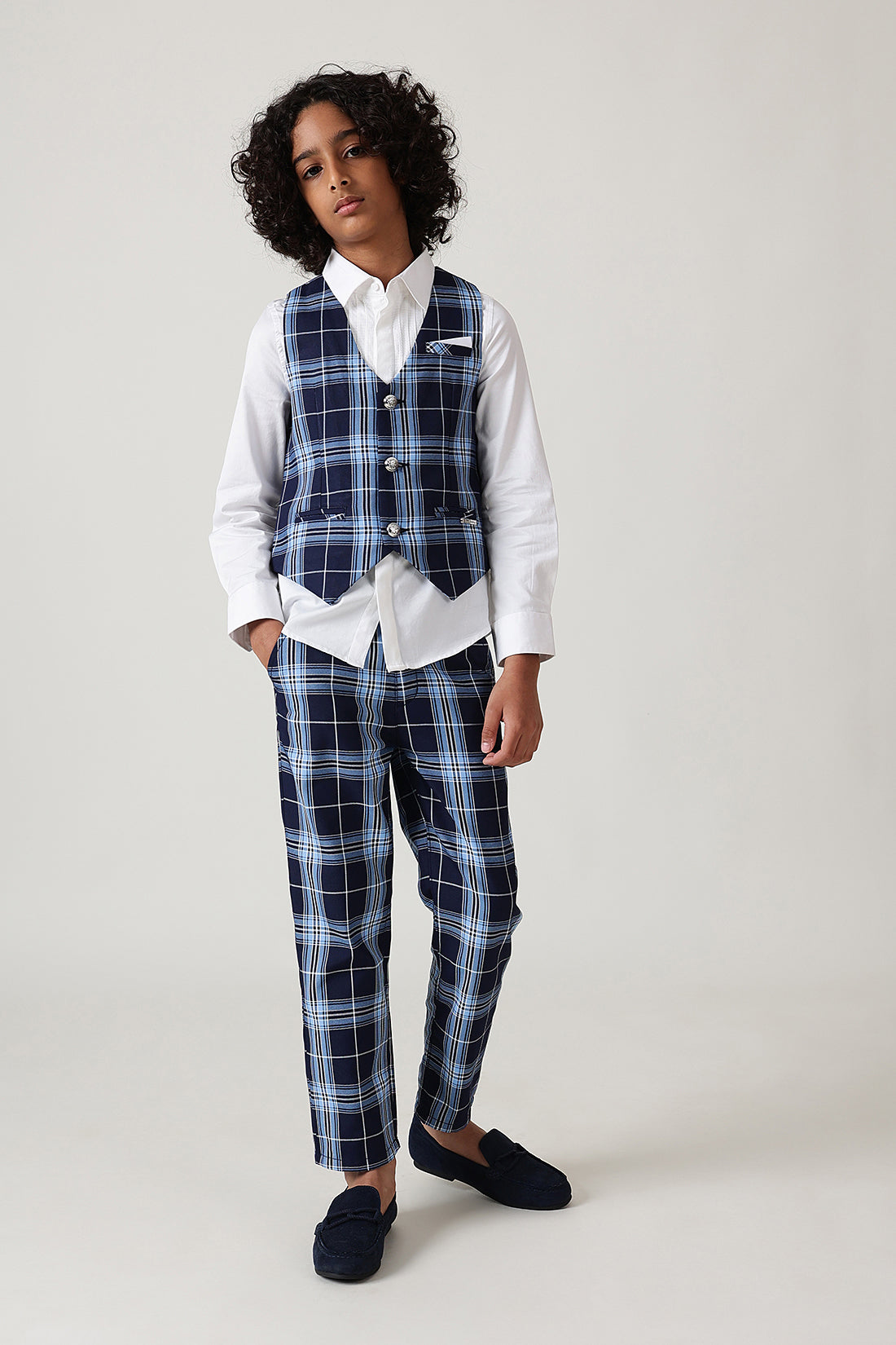 Boys Blue Slim Fit Sleeveless Checked Waistcoat by One Friday