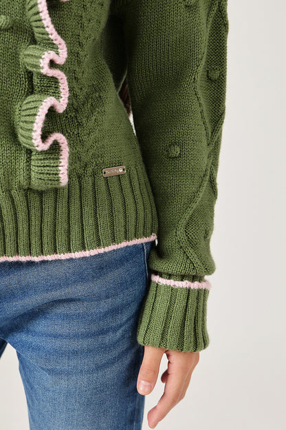 Girls Olive High Neck Knit Sweater