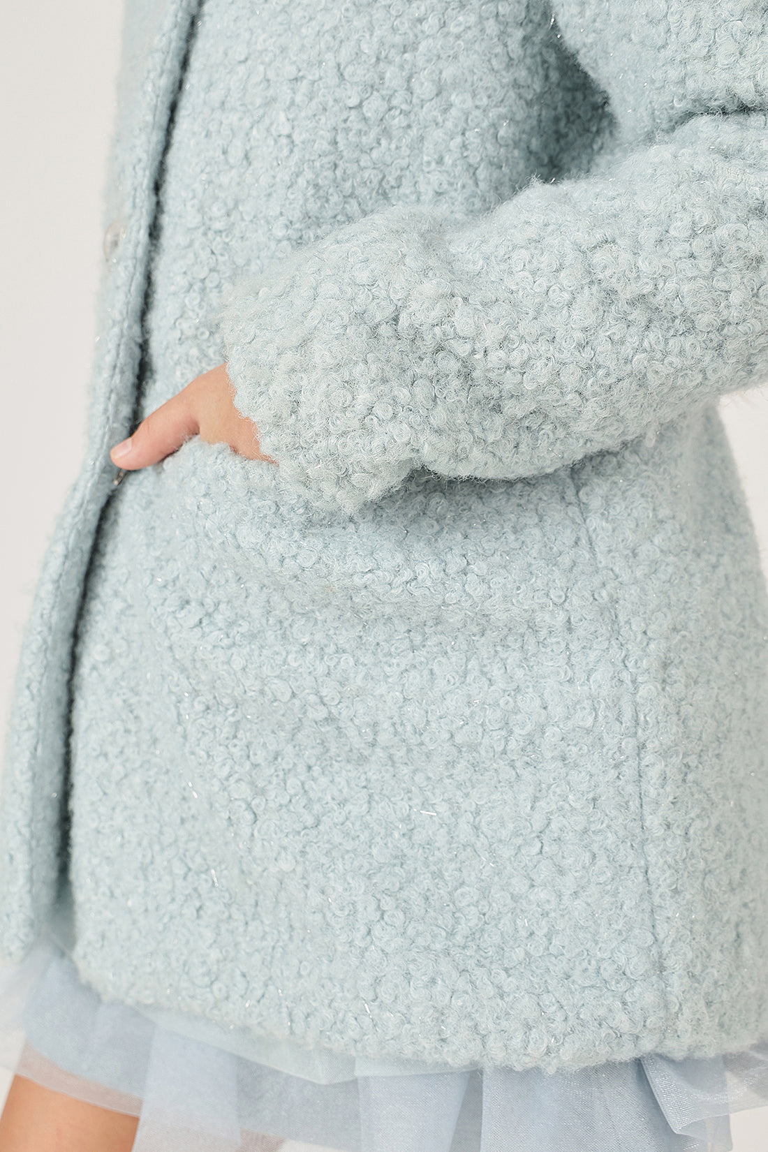 Girls Aqua Fur Buttoned Shirt Collar Overcoat