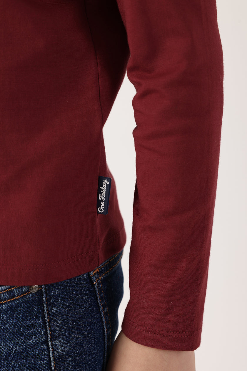 Boys Red Round Neck Full Sleeve Cotton T-Shirt