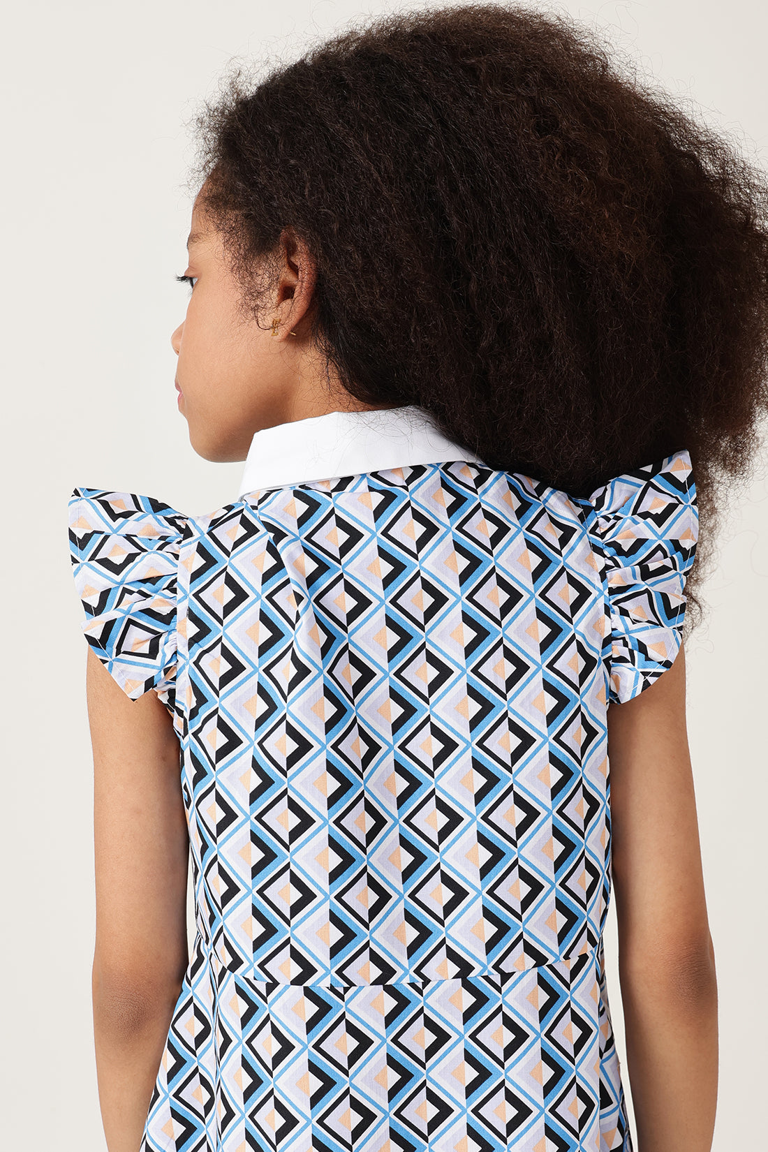 Girls Blue Frill Sleeve Geometrical Print Dress Online | One Friday