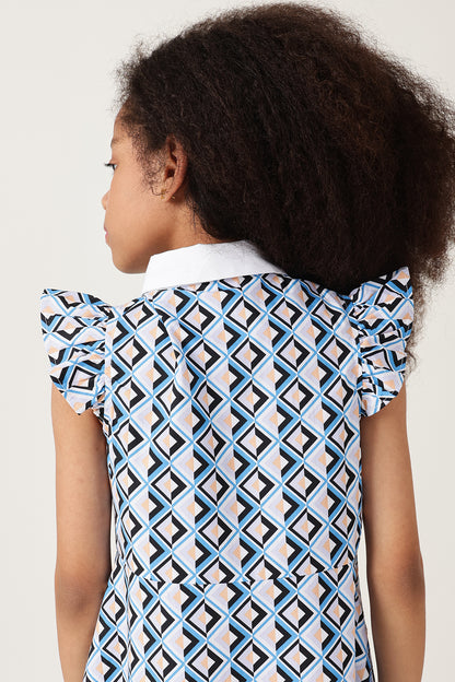 Girls Blue Frill Sleeve Geometrical Print Dress Online | One Friday