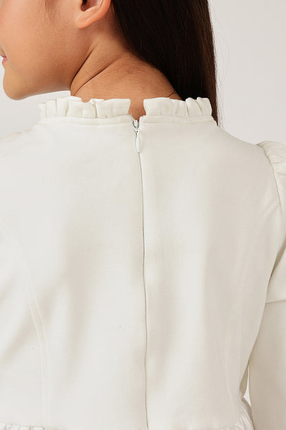 Girls Off White Teddy Round Neck Full Sleeve Dress | One Friday