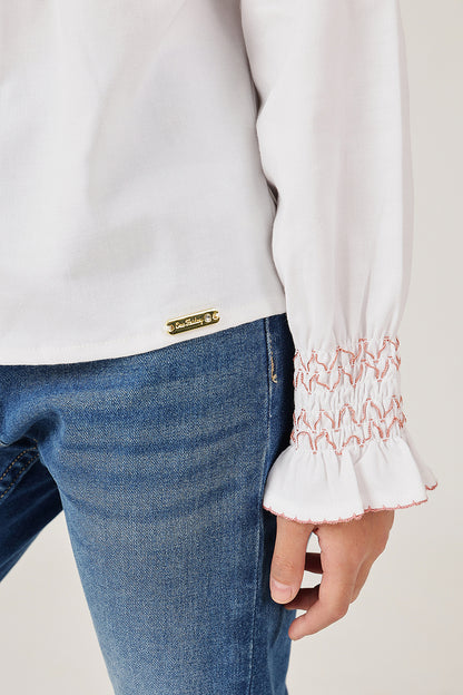 Girls White High Neck Full Sleeve Woven Top