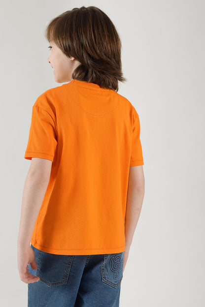 Boys Orange Round Neck Half Sleeve Solid T-Shirts By One Friday