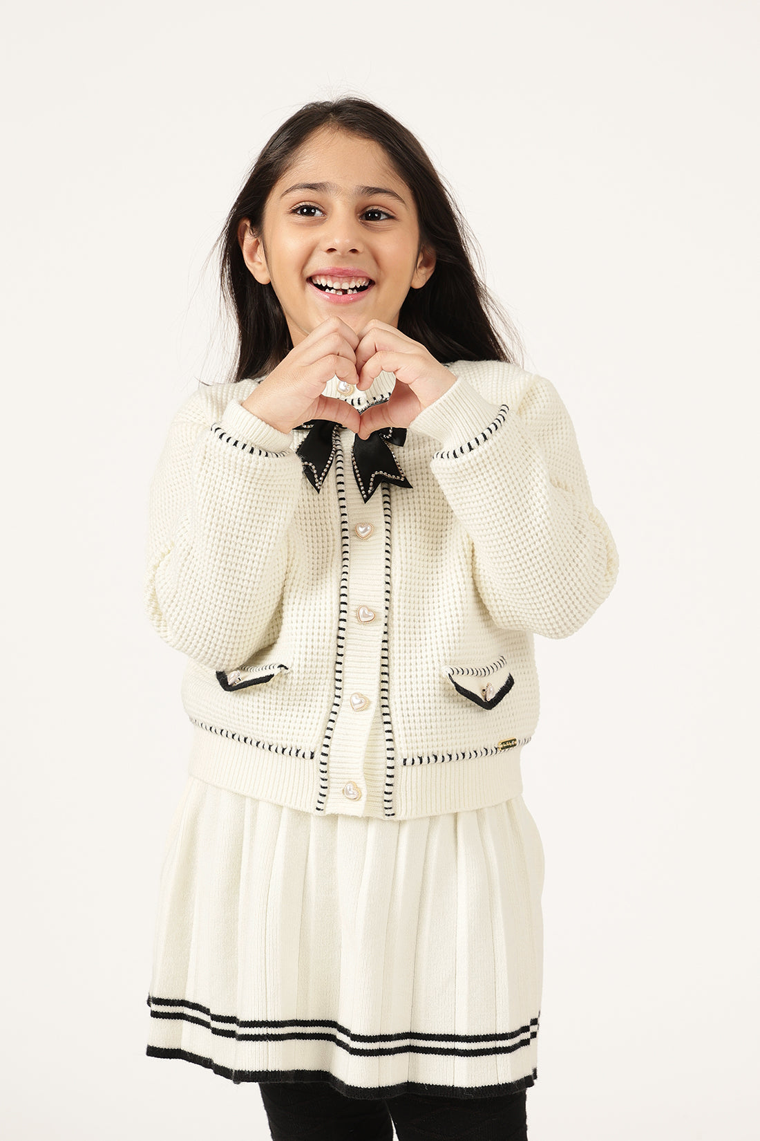 Girls Off White Round Neck Knit Cardigan