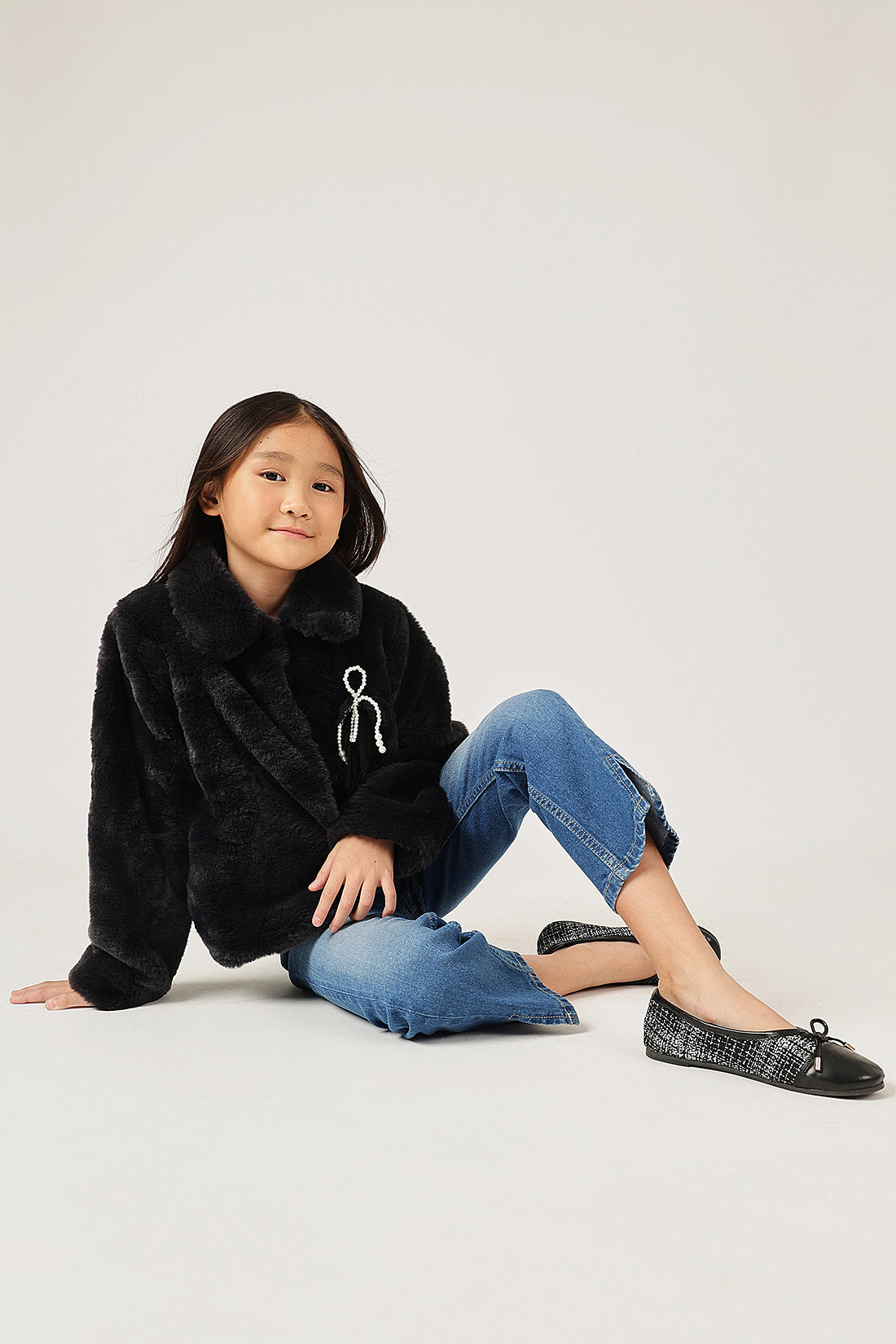 Girls Black Fur Buttoned Shirt Collar Overcoat | One Friday