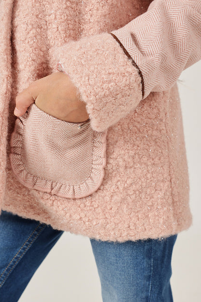 Girls Peach Solid Shirt Collar Overcoat | One Friday