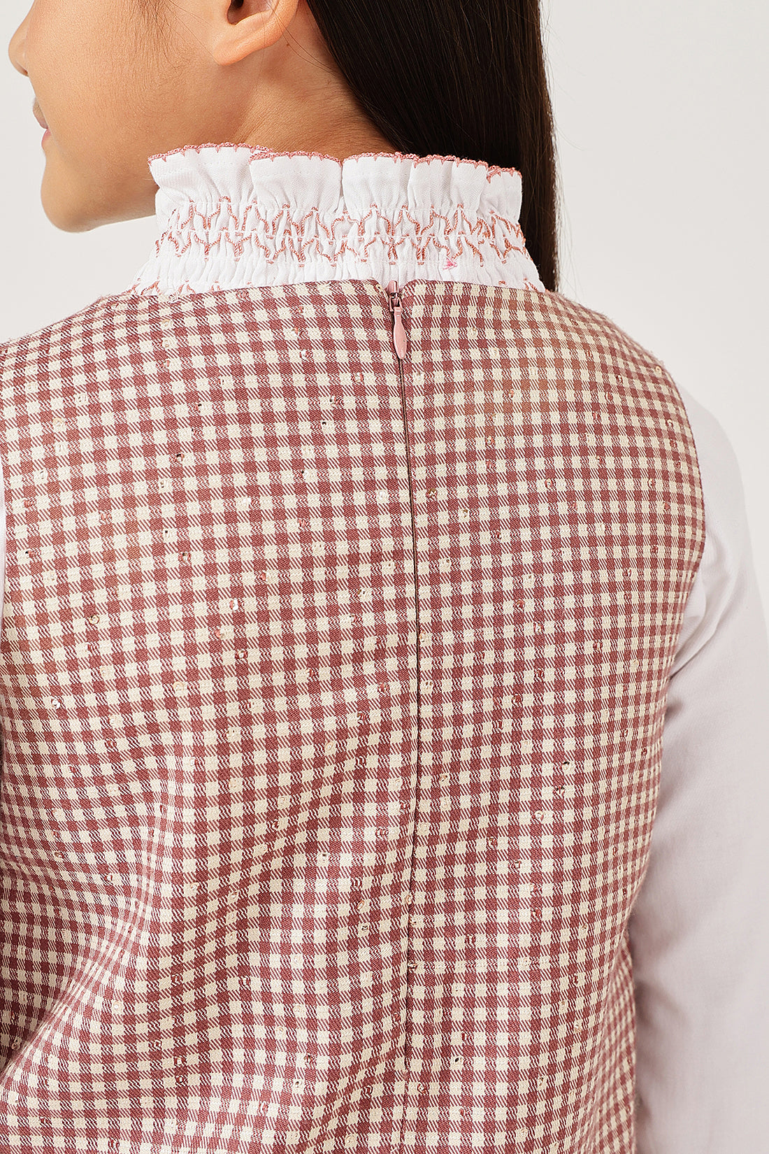 Girls Multicolour Checked Sleeveless Round Neck Dress | One Friday