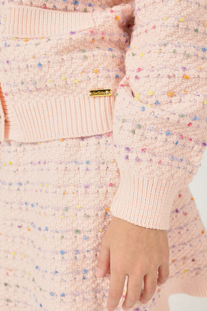 Girls Peach Round Neck Button Full Sleeve Cardigan