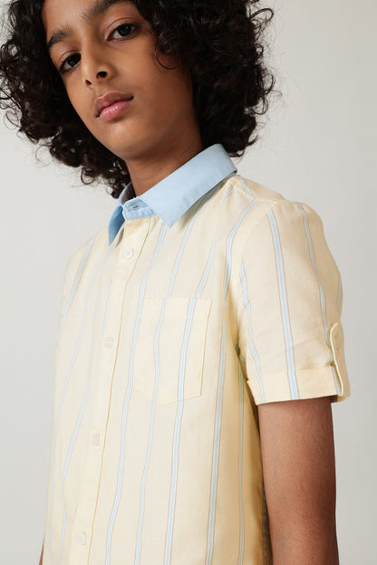 Boys Yellow Striped Printed Shirt
