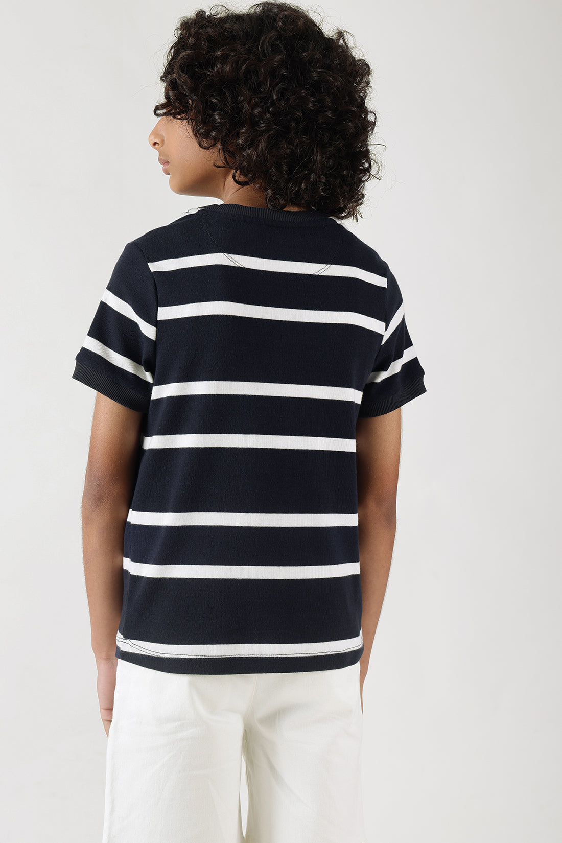 Boys Navy Blue Regular Fit Short Sleeve Striped T-Shirts By One Friday