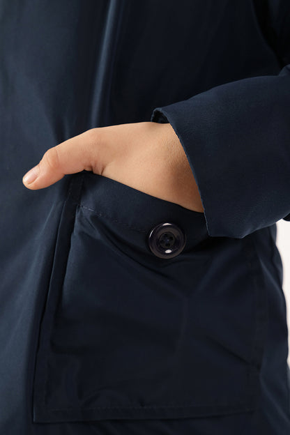 Unisex Navy Blue Solid Hooded Polyester Woven Jacket with Buttons | One Friday