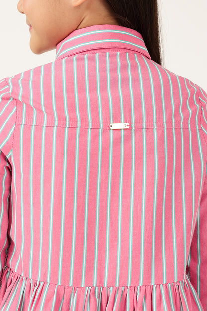 Girls Pink Striped Cotton Shirt Collar Full Sleeve Dress | One Friday