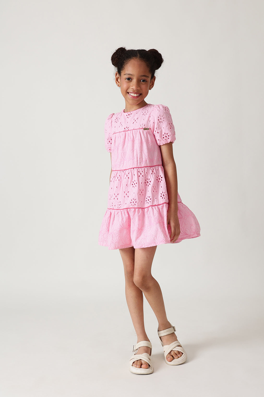 Girls Pink A-Line Short Sleeve Solid Dress By One Friday