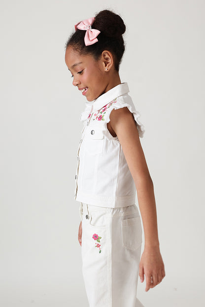 Girls White Regular Frill Sleeve Denim Jackets