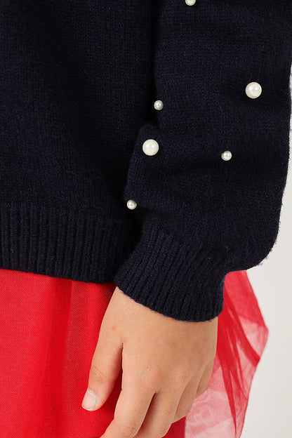 Girls Navy Blue Bow Embroidered Sweater