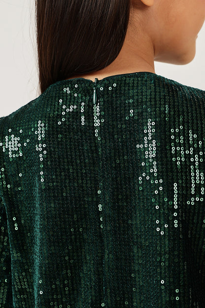 Girls Green Solid Full Sleeve Polyester Dress | One Friday