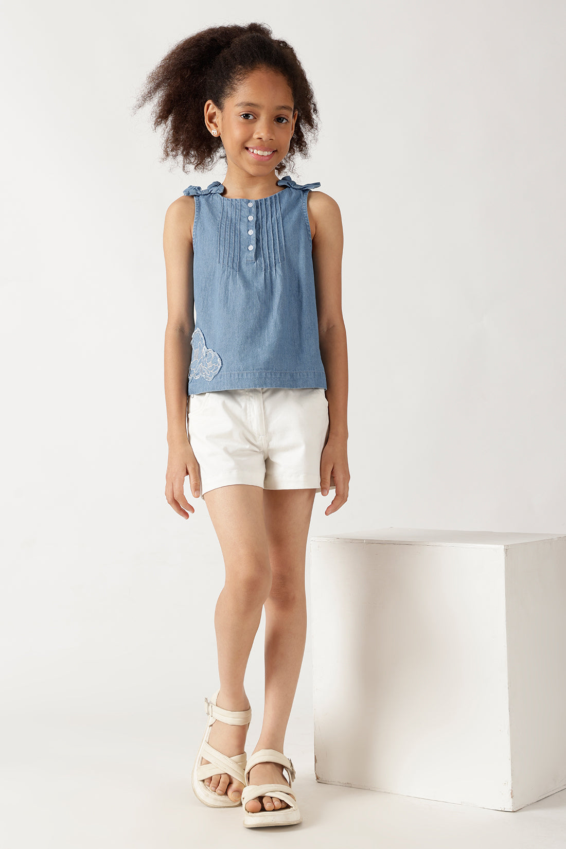 One Friday Girls' Light Blue Pintuck Top – Soft Cotton Regular Fit