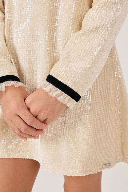 Girls Beige Sequin Full Sleeve Woven Dress | One Friday