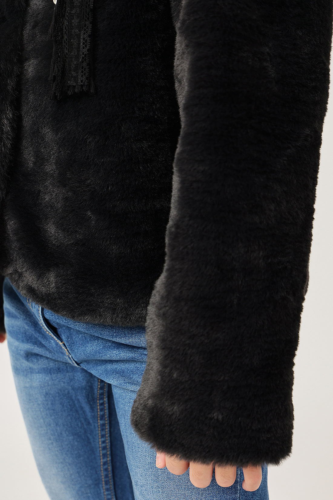 Girls Black Fur Buttoned Shirt Collar Overcoat | One Friday